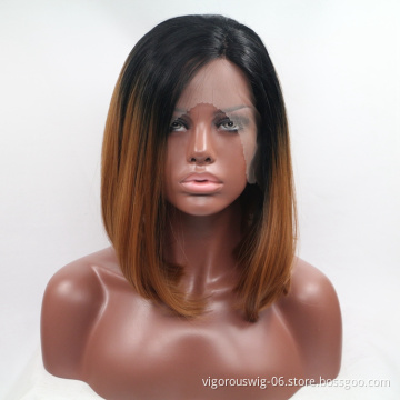Vigorous ombre short bob blonde premium high quality straight wholesale black women synthetic hair wigs with lace f